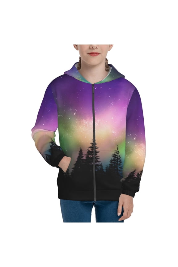 Northern Lights Teenage Zipper Hoodie, Long Sleeve Zip Up Hoodies Casual Jackets Tops for 7-12 Years-Small