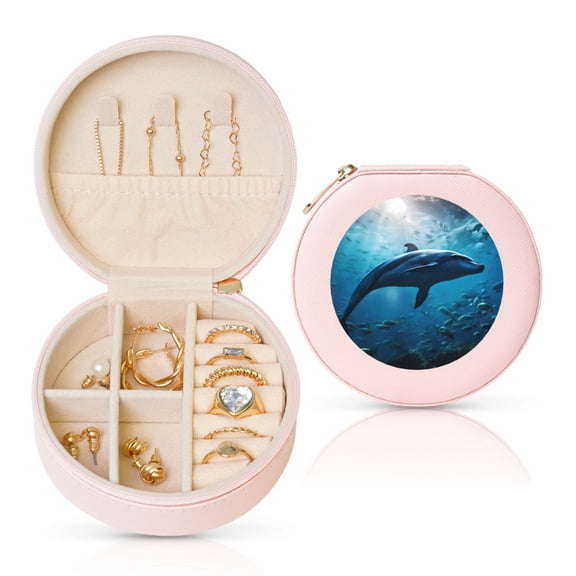 Naloa Ocean Dolphin Fish School Round Jewelry Box, Travel Jewelry Organizer, 3.9 x 3.9 x 2in Jewelry Storage Box for Women-Pink