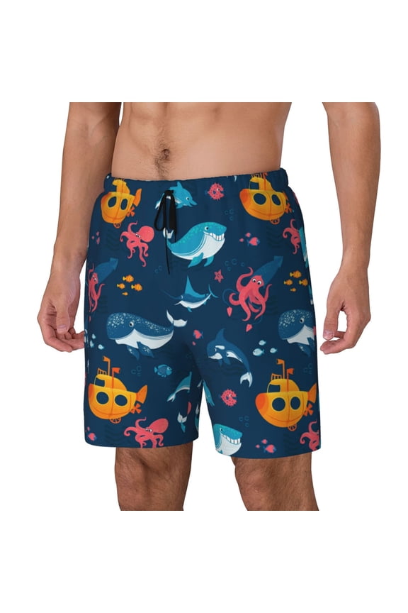 Ocean Floor Animals Print Men Swim Trunks with Compression Liner ,Board Shorts,Men's Swim Shorts with Drawstring and Elastic Waistband-3X-Large