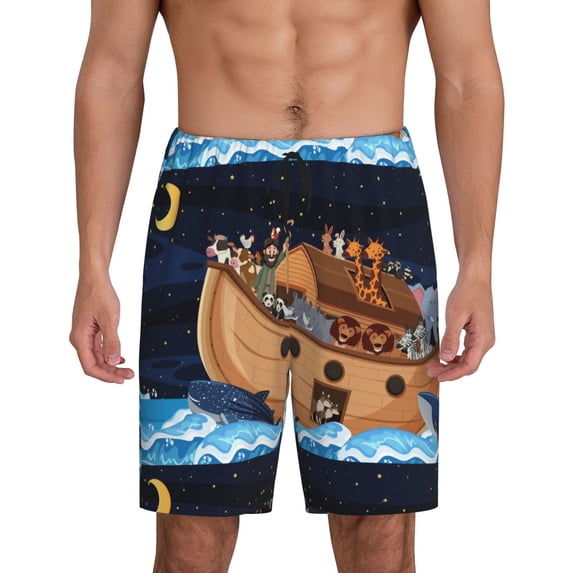 Naloa Ocean Scene with Noah's Ark Men's Short Pajama Pants, Lounge Comfort Shorts with Elasticized Waistband and Side Pockets - Medium