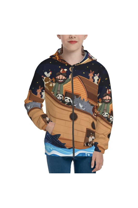 Ocean Scene with Noah's Ark Teenage Zipper Hoodie, Long Sleeve Zip Up Hoodies Casual Jackets Tops for 7-12 Years-Medium
