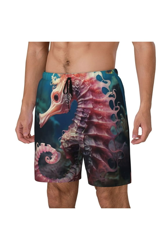 Ocean Seahorse Print Men Swim Trunks with Compression Liner ,Board Shorts,Men's Swim Shorts with Drawstring and Elastic Waistband-