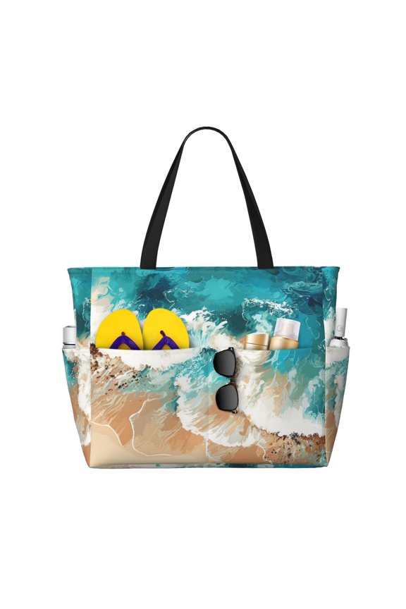 Ocean Wave Crash Large Capacity Beach Bag, Waterproof Sandproof Beach Swim Pool Bag Tote Bag for Women