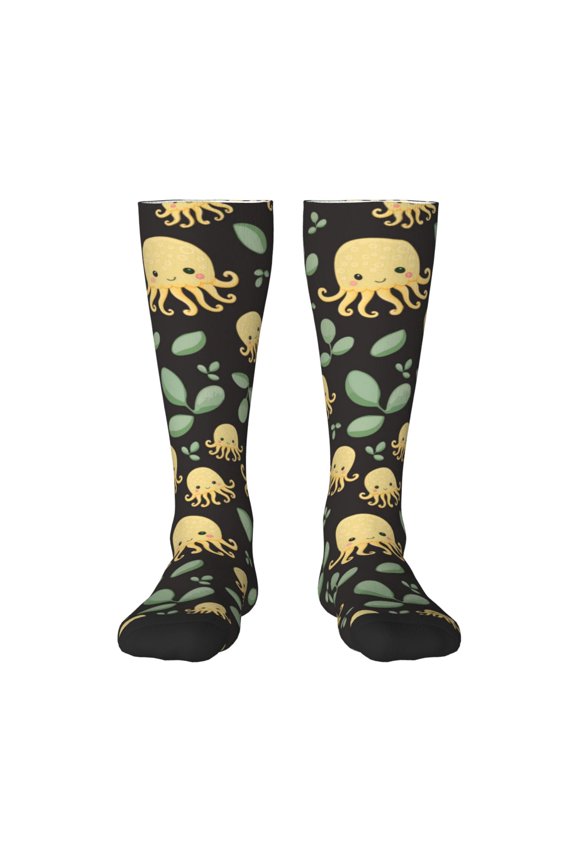 Octopuses And Leaves Thigh High Socks Extra Long Stretchy Sock Women Over Knee High Opaque Stocking Daily Wear