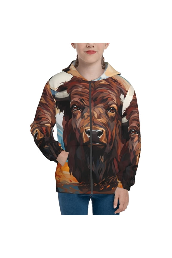 Oil Painting Style Iceberg Yak Teenage Zipper Hoodie, Long Sleeve Zip Up Hoodies Casual Jackets Tops for 7-12 Years-Small