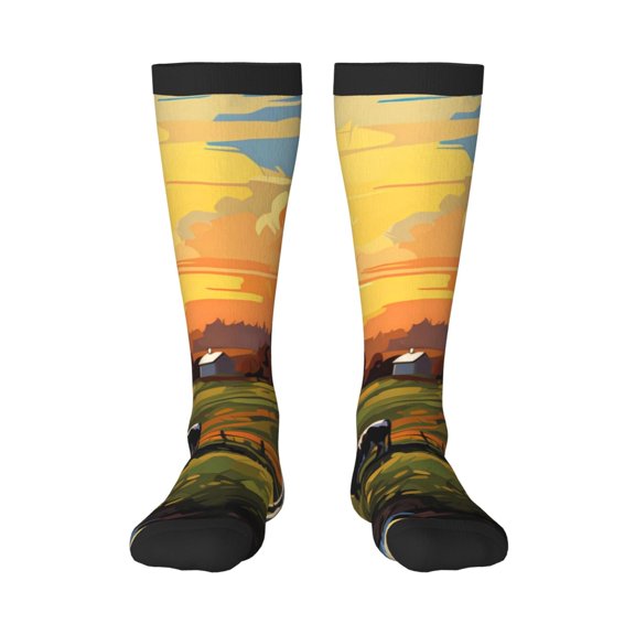 Naloa Oil Painting Style Pasture Cow Thigh High Socks Extra Long Stretchy Sock Women Over Knee High Opaque Stocking Daily Wear