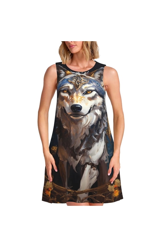 Oil Painting Tribal Wolf Print Women's Summer Spring Casual Beach Sundress,Vacation Sleeveless Tank Crewneck Loose Dresses
