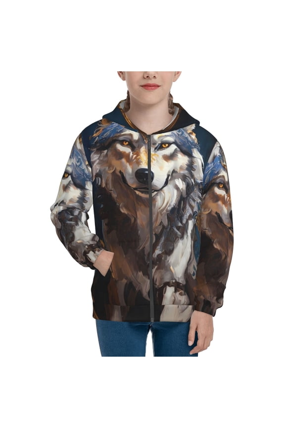 Oil Painting Tribal Wolf Teenage Zipper Hoodie, Long Sleeve Zip Up Hoodies Casual Jackets Tops for 7-12 Years-