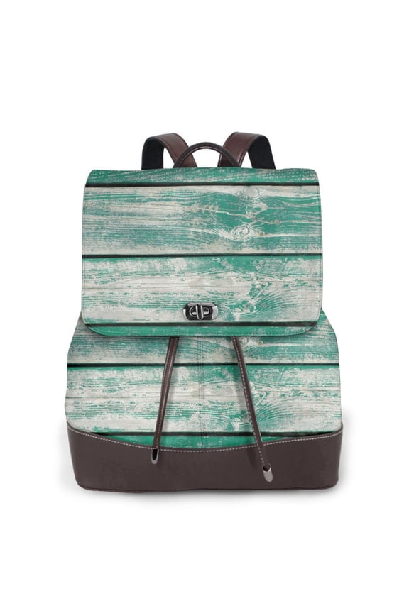 Naloa Old Green Wooden Print Leather Backpack Purse for Women and Ladies,Shoulder Travel Daypacks Bags,Laptop Backpack for Women