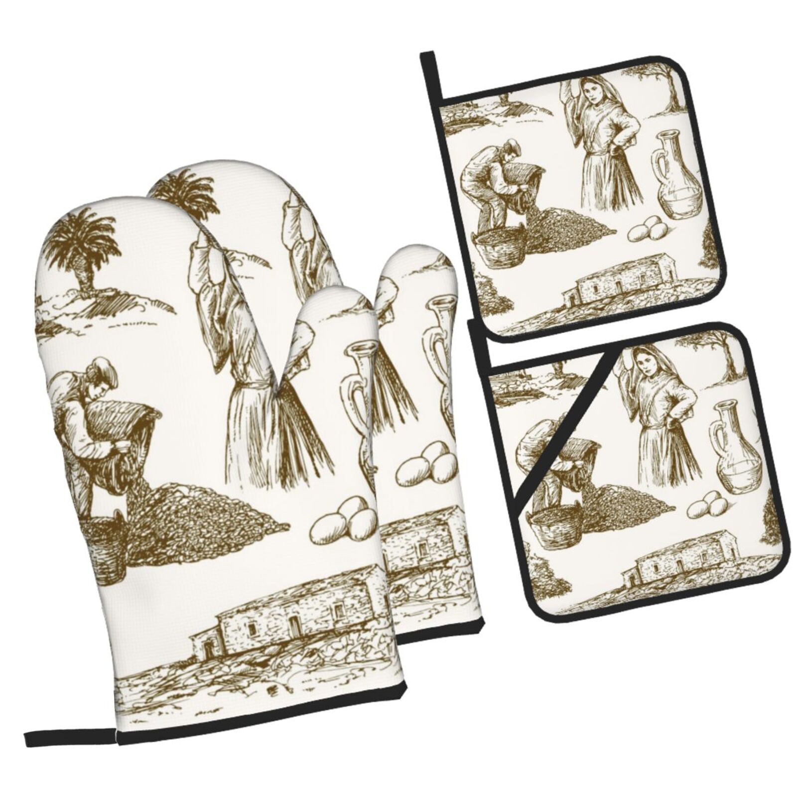 Naloa Olive Picking Oven Mitts and Pot Holders 4 pcs Set, Cooking Baking Grilling Kitchen Oven Glove for Cooking