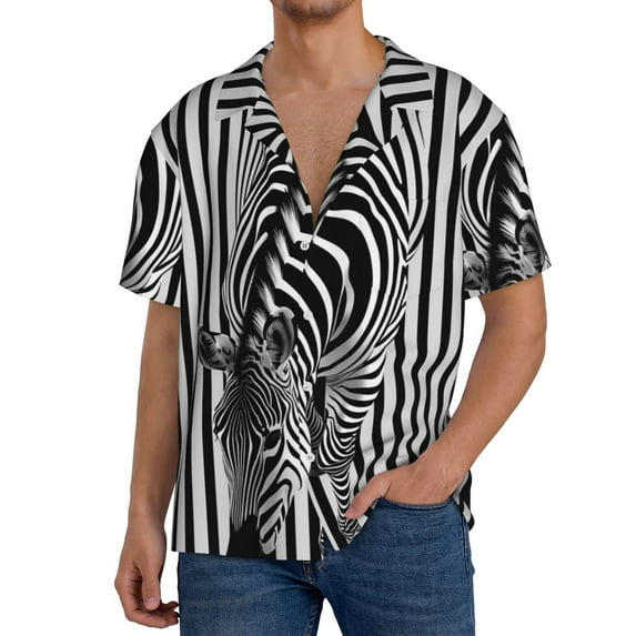 Naloa Optical Zebra Illusion Men's Loose Fit Cuban Collar Short-Sleeve Shirt, Hawaiian Shirts, Mens Shirts Casual for Everyday Wear Outings-X-Large