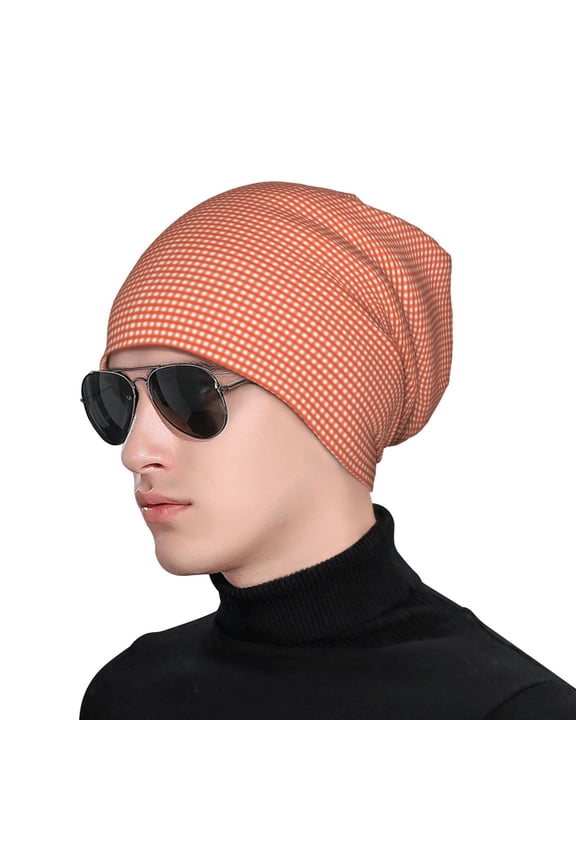 Orange Gingham Soft Beanie Hat, Knit Beanie Daily Beanie in Fine Knit for Women Men Winter Travel, Outdoor