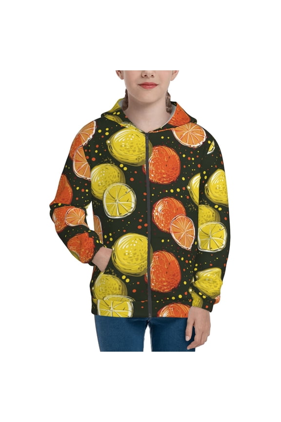 Orange Lemon Teenage Zipper Hoodie, Long Sleeve Zip Up Hoodies Casual Jackets Tops for 7-12 Years-Small