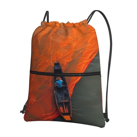 Naloa Orange Net Fishing Boat Drawstring Backpack String Bag Cinch Water Resistant for Gym Shopping Sport Yoga