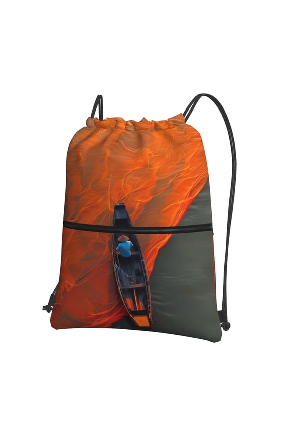 Orange Net Fishing Boat Drawstring Backpack String Bag Cinch Water Resistant for Gym Shopping Sport Yoga