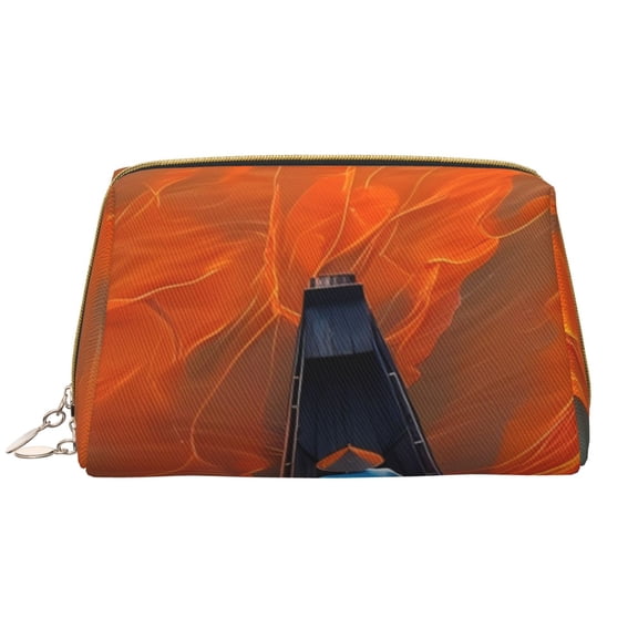 Naloa Orange Net Fishing Boat Leather Makeup Bag for Purse Travel, Portable Small Cosmetic Organizer for Women and Girls, Make up Bag with Zipper