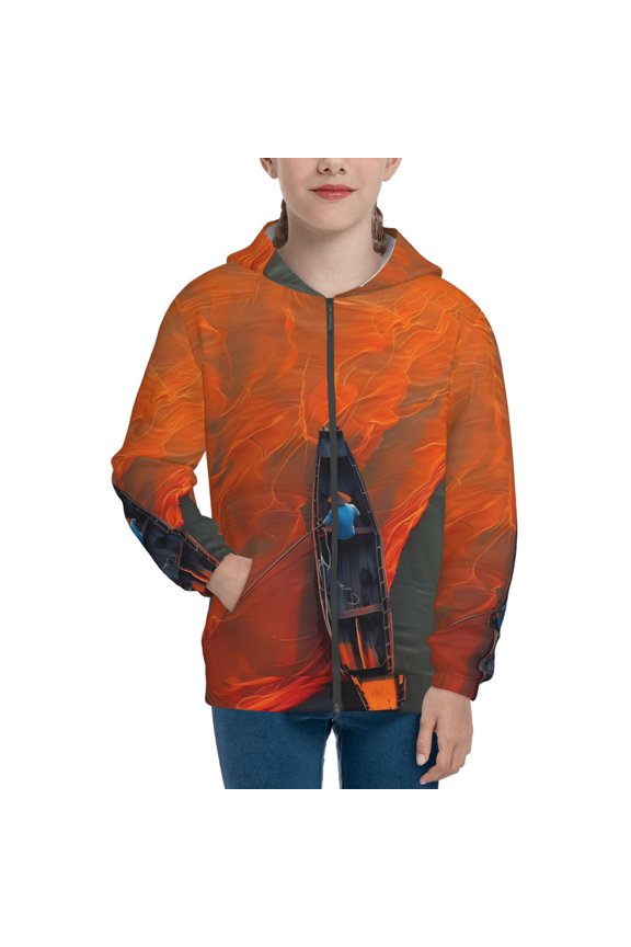 Orange Net Fishing Boat Teenage Zipper Hoodie, Long Sleeve Zip Up Hoodies Casual Jackets Tops for 7-12 Years-Small