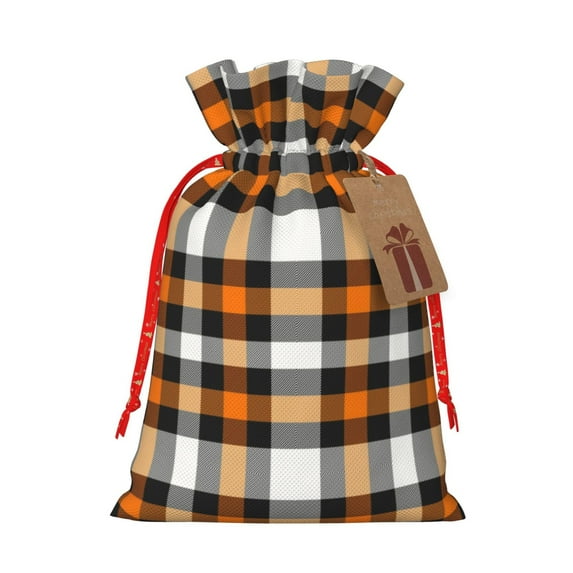 Naloa Orange Plaid Drawstring Christmas Bags, 3D Xmas Gift Bags, Christmas Wrapping Bags, Xmas Goodie Bags, Treat Pouch Bags, Party Favor Bags-Medium