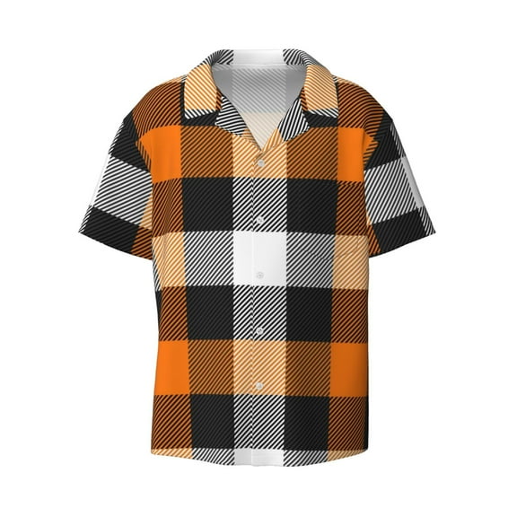 Naloa Orange Plaid Men's Loose Fit Cuban Collar Short-Sleeve Shirt with Button-down and Chest Pocket for Everyday Wear Outings - Small