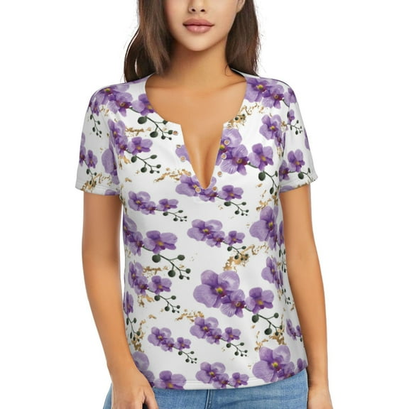 Naloa Orchids Flowers Print T-Shirts Short Sleeve V Neck Tees for Women Fashion Tops Trendy Lightweight Soft Casual Summer Outfits Clothes