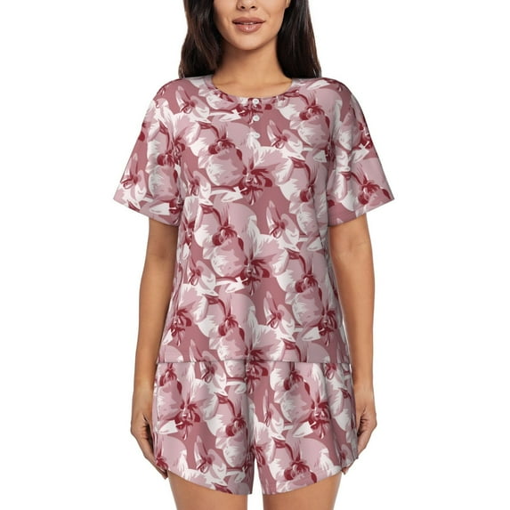 Naloa Orchids Flowers Women's Short-Sleeved Pajama Set, Loungewear, Summer pajamas, Breathable Cozy - Large