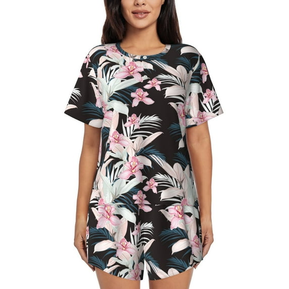Naloa Orchids Flowers Women's Short-Sleeved Pajama Set, Loungewear, Summer pajamas, Breathable Cozy - Large