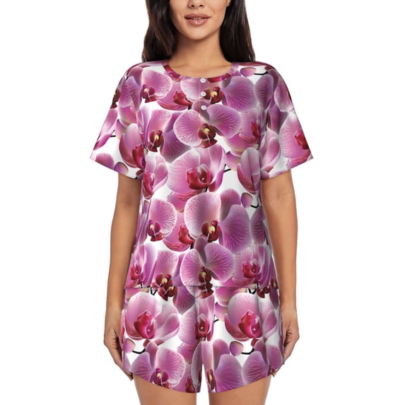 Naloa Orchids Flowers Women's Short-Sleeved Pajama Set, Loungewear, Summer pajamas, Breathable Cozy - X-Large