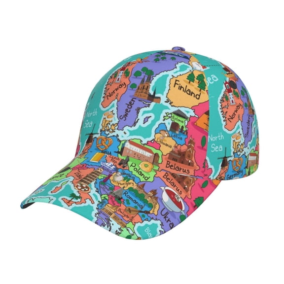 Naloa Original Classic Low Profile Hat Men Women Baseball Cap Dad Hat Adjustable Unconstructed Cartoon Map Of Europe Print Cap