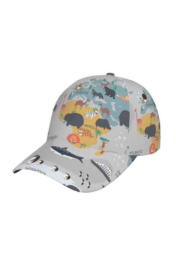 Original Classic Low Profile Hat Men Women Baseball Cap Dad Hat Adjustable Unconstructed The World Map with Cartoon Animals Print Cap