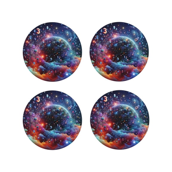 Naloa Outer Space Floating Numbers And Letters Leather Coasters for Drinks, Durable Drink Coasters 4 Set for Tabletop Protection, Luxurious Home Décor and Housewarming Gift ( {designName})Round Shape