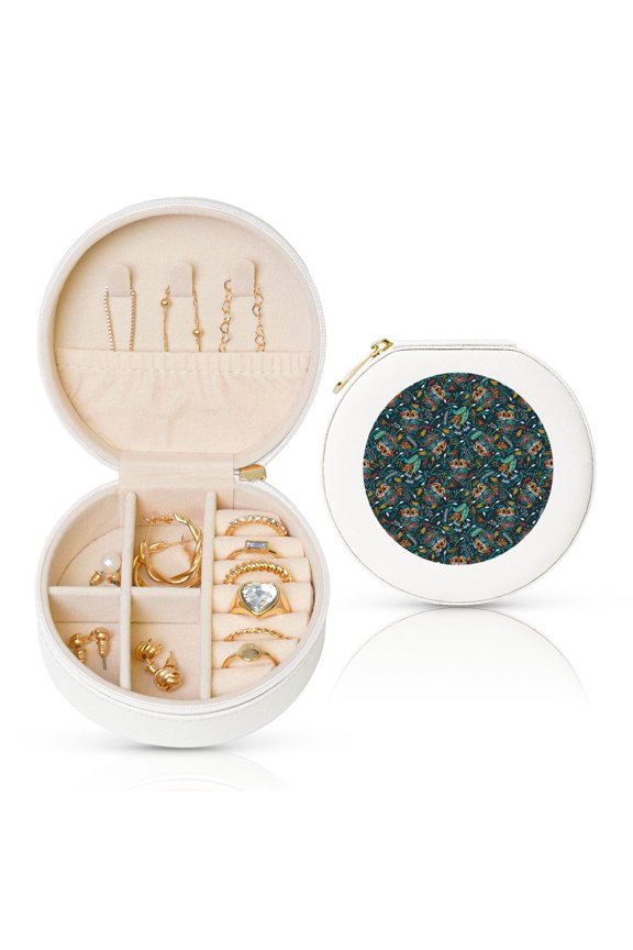 Owl Doodle Round Jewelry Box, Travel Jewelry Organizer, 3.9 x 3.9 x 2in Jewelry Storage Box for Women-White