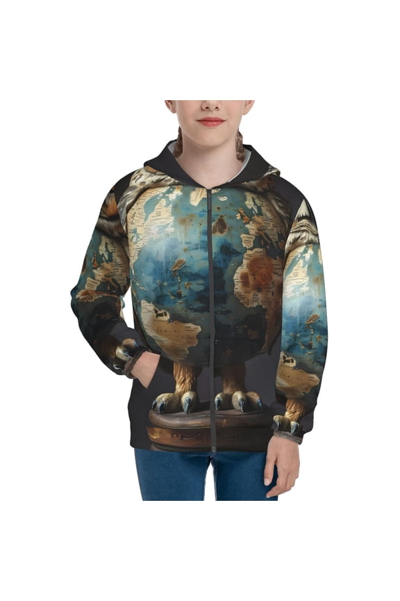 Owl Globe Sculpture Teenage Zipper Hoodie, Long Sleeve Zip Up Hoodies Casual Jackets Tops for 7-12 Years-Small