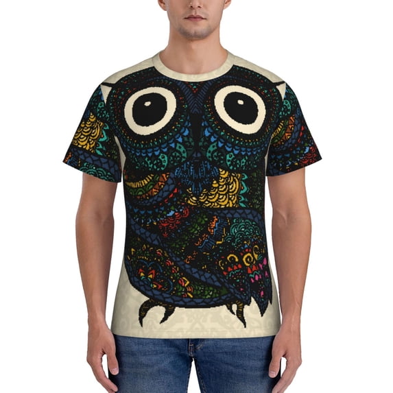 Naloa Owl with Mandala Men's T-Shirt Sport T-shirt Men's Basic Tee Casual Men's Shirt, Round Neck, Short Sleeves - Small