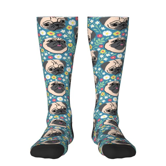 Naloa PUG HEAD And Flower Thigh High Socks Extra Long Stretchy Sock Women Over Knee High Opaque Stocking Daily Wear