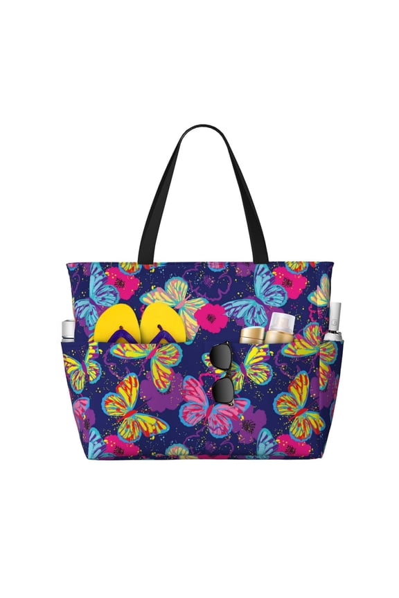 Paint Butterflies Large Capacity Beach Bag, Waterproof Sandproof Beach Swim Pool Bag Tote Bag for Women