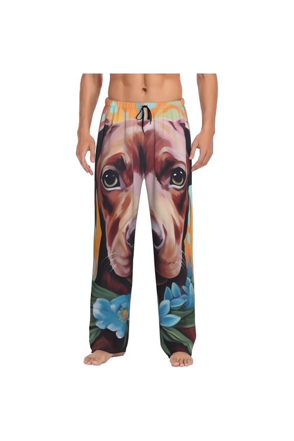 Painted Flower Puppy Pajama Pants Men, PJ Bottoms, Sleep & Lounge Pants-X-Large