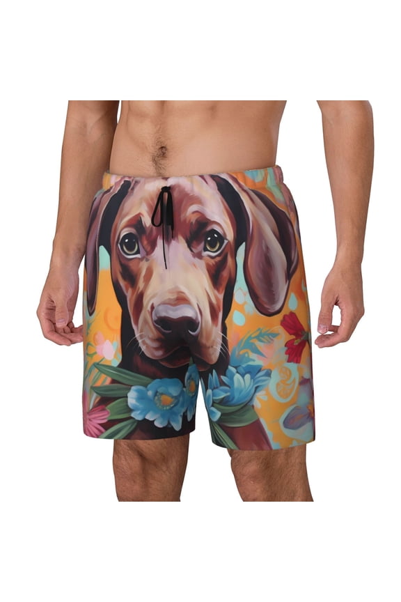 Painted Flower Puppy Print Men Swim Trunks with Compression Liner ,Board Shorts,Men's Swim Shorts with Drawstring and Elastic Waistband-Small