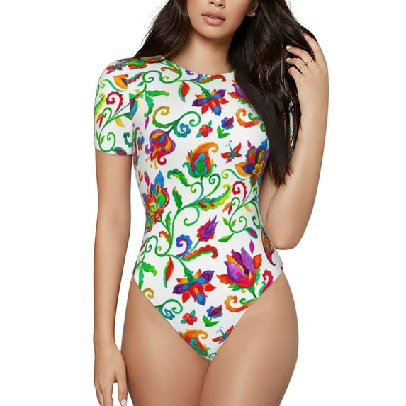 Naloa Paisley Women's Short-Sleeved Onesie, One-Piece Swimsuit for Parties, dates, clubs - Medium