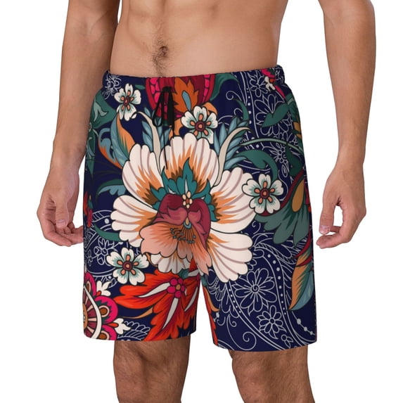 Naloa Paisley2 Print Men Swim Trunks with Compression Liner ,Board Shorts,Men's Swim Shorts with Drawstring and Elastic Waistband-Medium