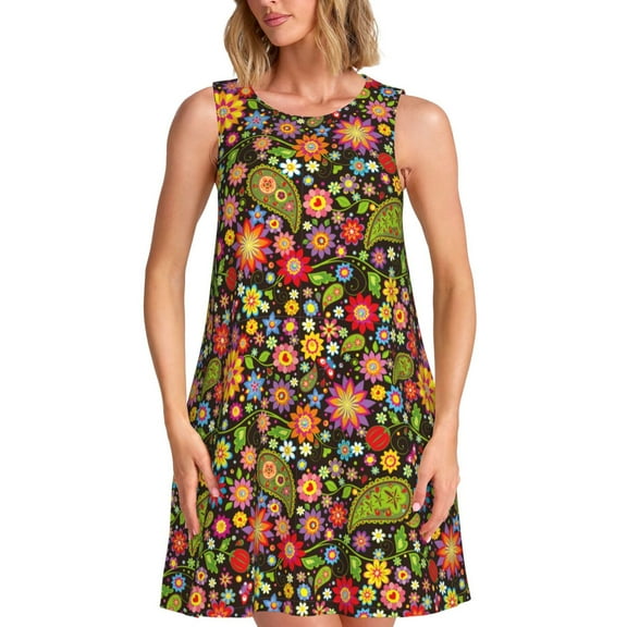 Naloa Paisley7 Print Women's Summer Spring Casual Beach Sundress,Vacation Sleeveless Tank Crewneck Loose Dresses