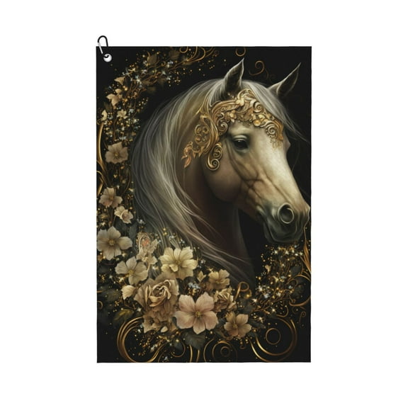 Naloa Palatial Gold Pattern Horse Golf Towel Golf Gift for Men and Women Golf Towel with Carabiner Clip to Quickly Remove Mud, Dirt and Sweat