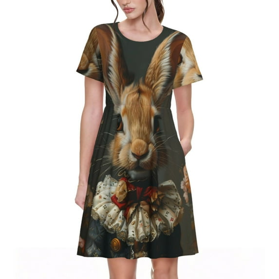 Naloa Palatial Style Flower Rabbit Print Womens Summer A-Line Dress with Pockets,Short Sleeve Dresses,Flowy Beach Swing Dress for Vacation Travel
