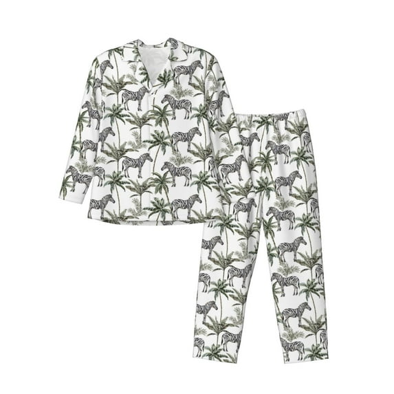 Naloa Palm Trees Zebra Men’s Pajamas Set - Long Sleeve Button Down Sleep Shirt and Pajama Bottoms Sleepwear Set-Small