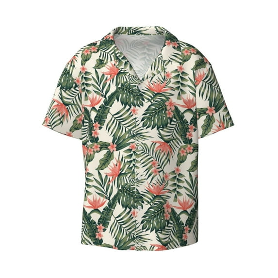 Naloa Palm Trees and Tropical Men's Loose Fit Cuban Collar Short-Sleeve Shirt with Button-down and Chest Pocket for Everyday Wear Outings - 3X-Large