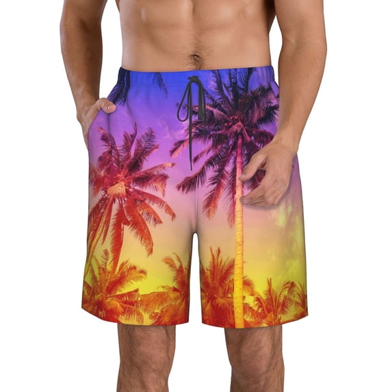 Naloa Palm Trees at Sunset Men's Beach Shorts, Surfing shorts, Swim trunks, Quick Dry Swim Trunks for Surfing Beach Fun - Large