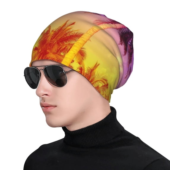 Naloa Palm Trees at Sunset Soft Beanie Hat, Knit Beanie Daily Beanie in Fine Knit for Women Men Winter Travel, Outdoor