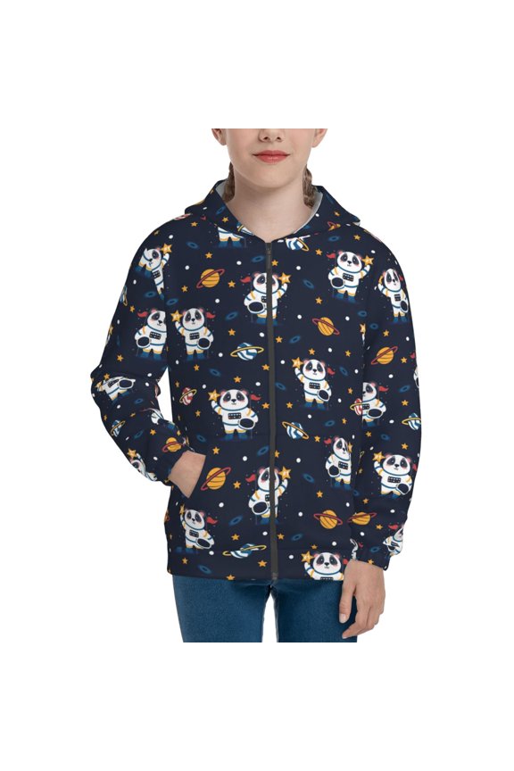 Panda Astronaut Teenage Zipper Hoodie, Long Sleeve Zip Up Hoodies Casual Jackets Tops for 7-12 Years-Medium