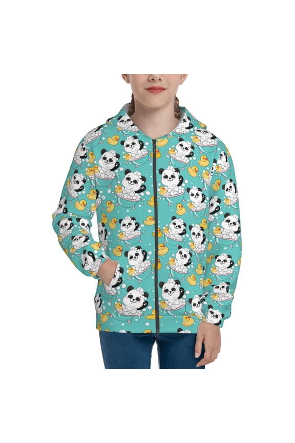 Panda Bathing Teenage Zipper Hoodie, Long Sleeve Zip Up Hoodies Casual Jackets Tops for 7-12 Years-Medium