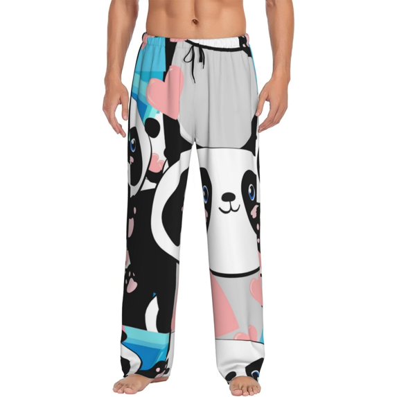 Naloa Panda Cute Pink Hearts Pajama Pants Men, PJ Bottoms, Sleep & Lounge Pants-Small