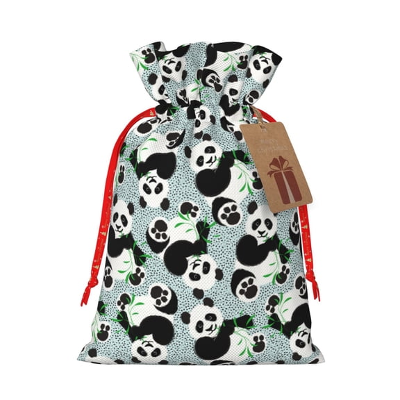 Naloa Panda And Eucalyptus Drawstring Christmas Bags, 3D Xmas Gift Bags, Christmas Wrapping Bags, Xmas Goodie Bags, Treat Pouch Bags, Party Favor Bags-Medium
